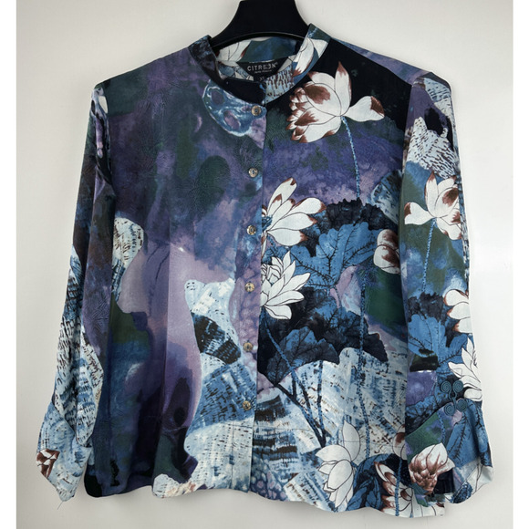 NWT CITRON Santa Monica 100% Silk Button Front Blouse Abstract Floral Size XL - Picture 3 of 16